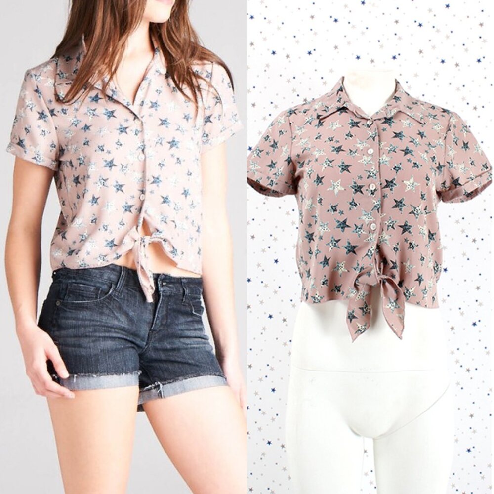 Star Print Short Sleeve Crop Top Self Tie Button Mauve